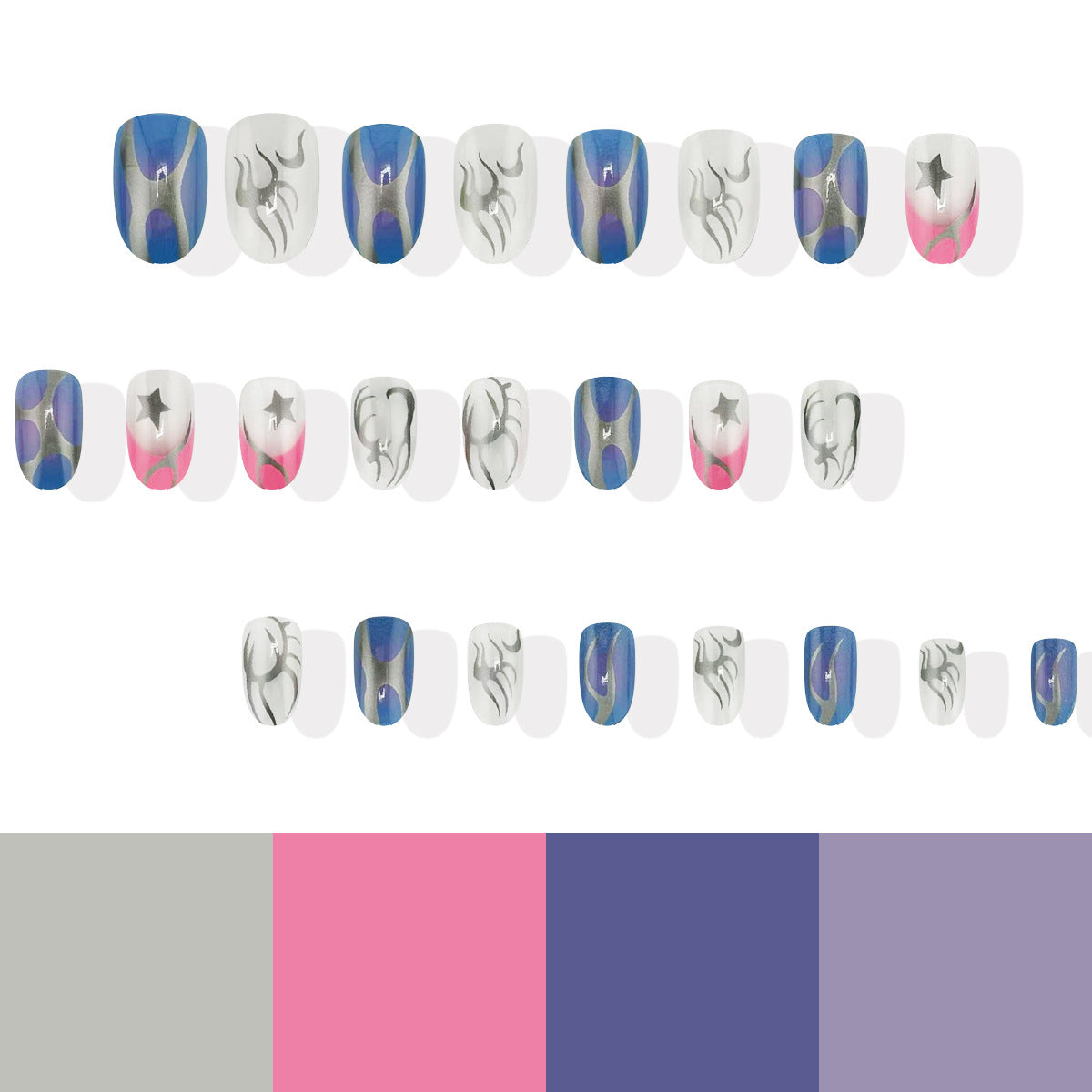 Celestial Elegance Short Round Blue and Pink Abstract Design Press-On Nail Set