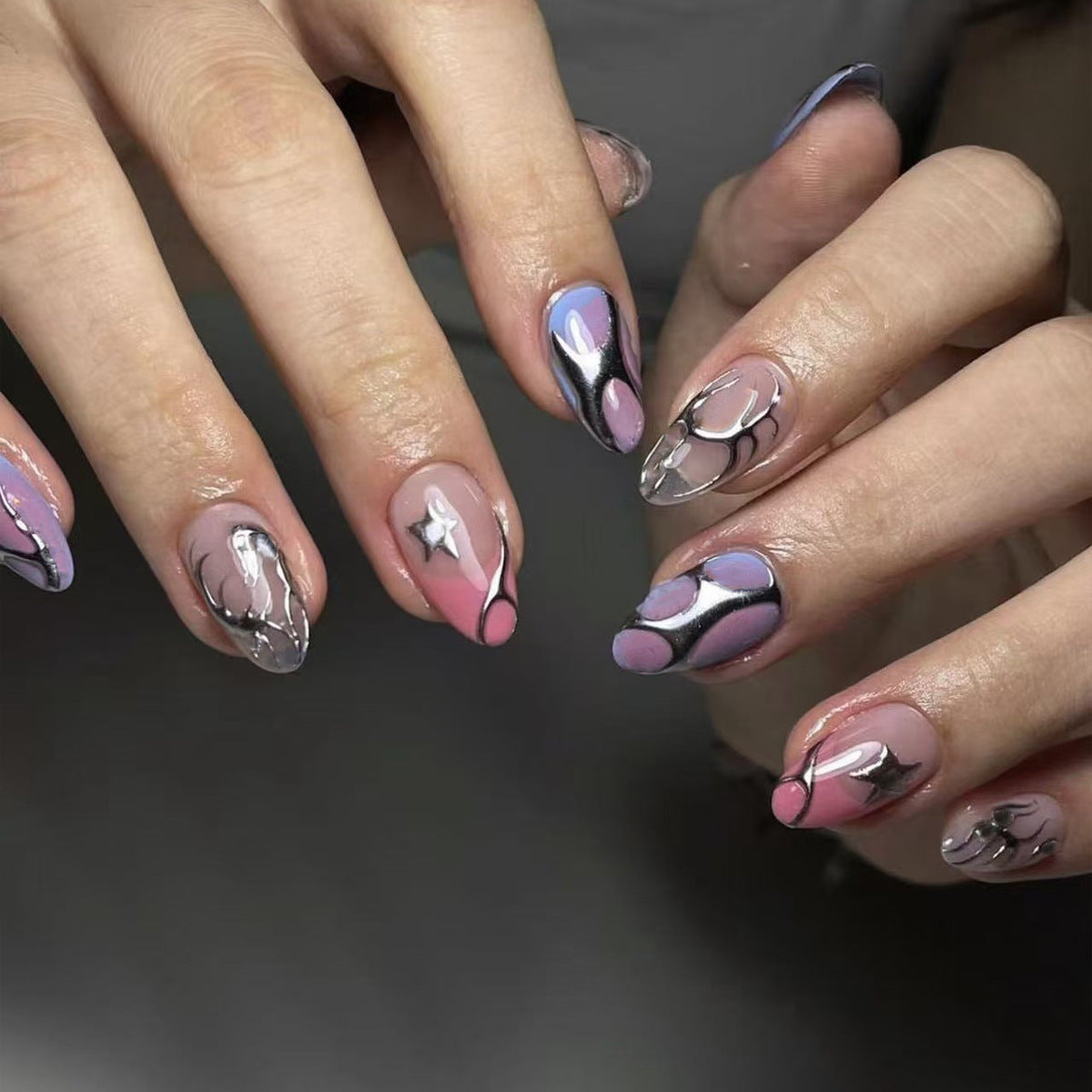 Cosmic Dreams Short Almond Pink and Blue Transparent Nails with Star and Swirls Design