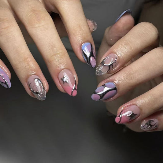 Cosmic Dreams Short Almond Pink and Blue Transparent Nails with Star and Swirls Design