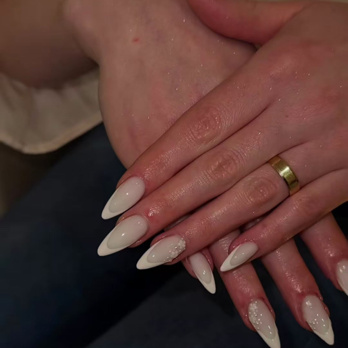 Glamorous Elegance Long Almond White Press On Nails with Sparkling Accent Design