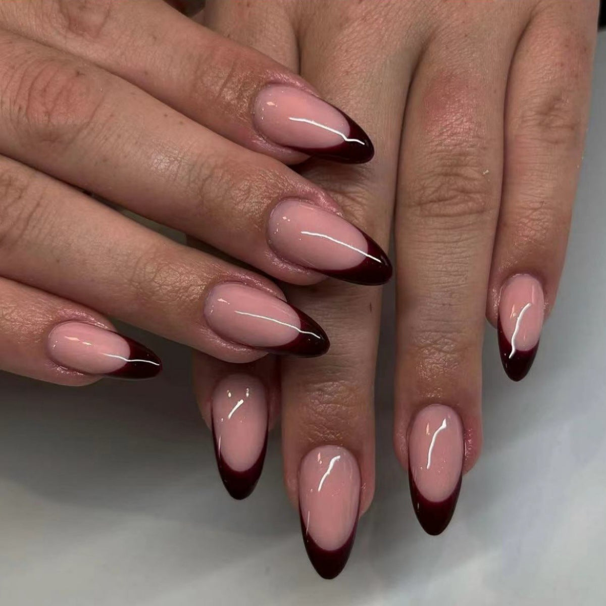 Chic Elegance Medium Almond Ombre Pink and Deep Burgundy Gradient Press On Nail Set