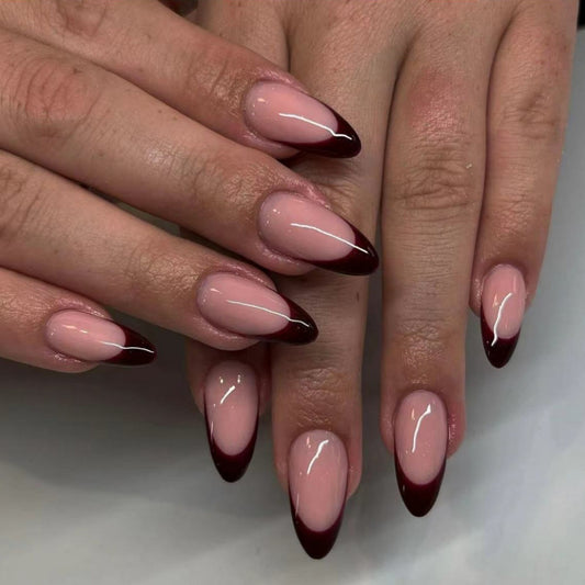 Chic Elegance Medium Almond Ombre Pink and Deep Burgundy Gradient Press On Nail Set