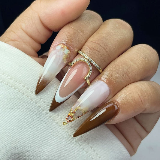 Gilded Elegance Long Almond Gradient Brown and White Press On Nail Set with Gold Accent Detailing