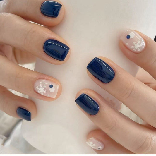Winter Wonderland Glossy Short Square Blue and Clear Nail Set with Delicate Snowflake Design