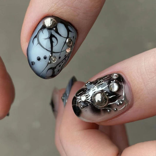 Celestial Dreams Short Round Gray and Black Press On Nail Set with Three Dimensional Accents