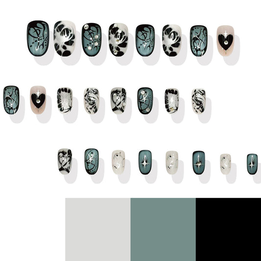 Mystical Garden Elegant Short Oval  Mint Green and Black Press-On Nail Set with Artistic Floral Designs and Gem Accents