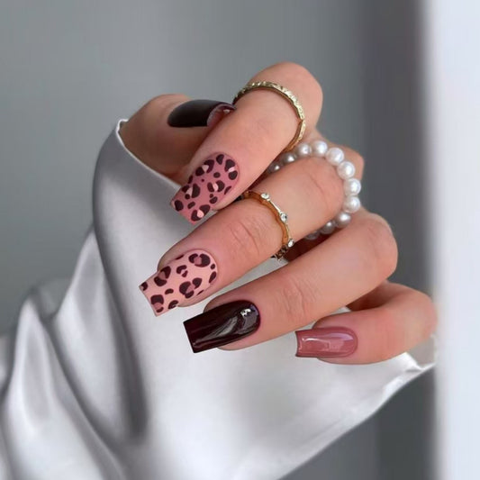 Wild Safari Inspired Medium Square Burgundy and Leopard Print Press On Nail Set with Glossy Finish