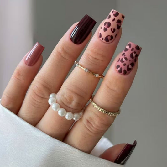 Savanna Chic Long Square Bordeaux and Mauve with Exotic Leopard Accent Press on Nail Set