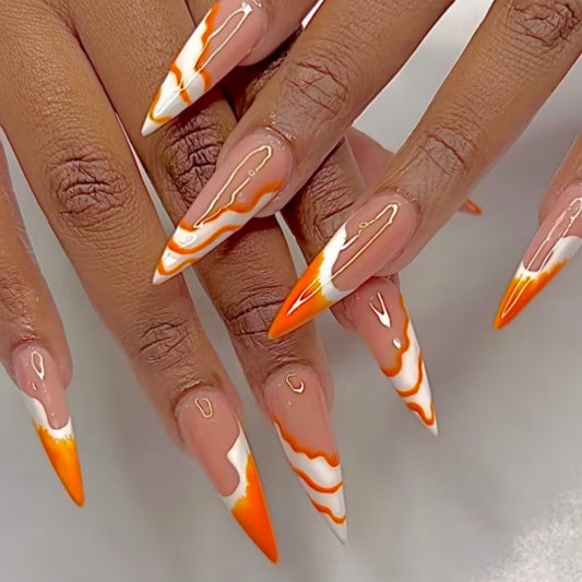 Sunny Citrus Dream Long Stiletto Press-On Nails in Vibrant Orange with Unique Marble Accent