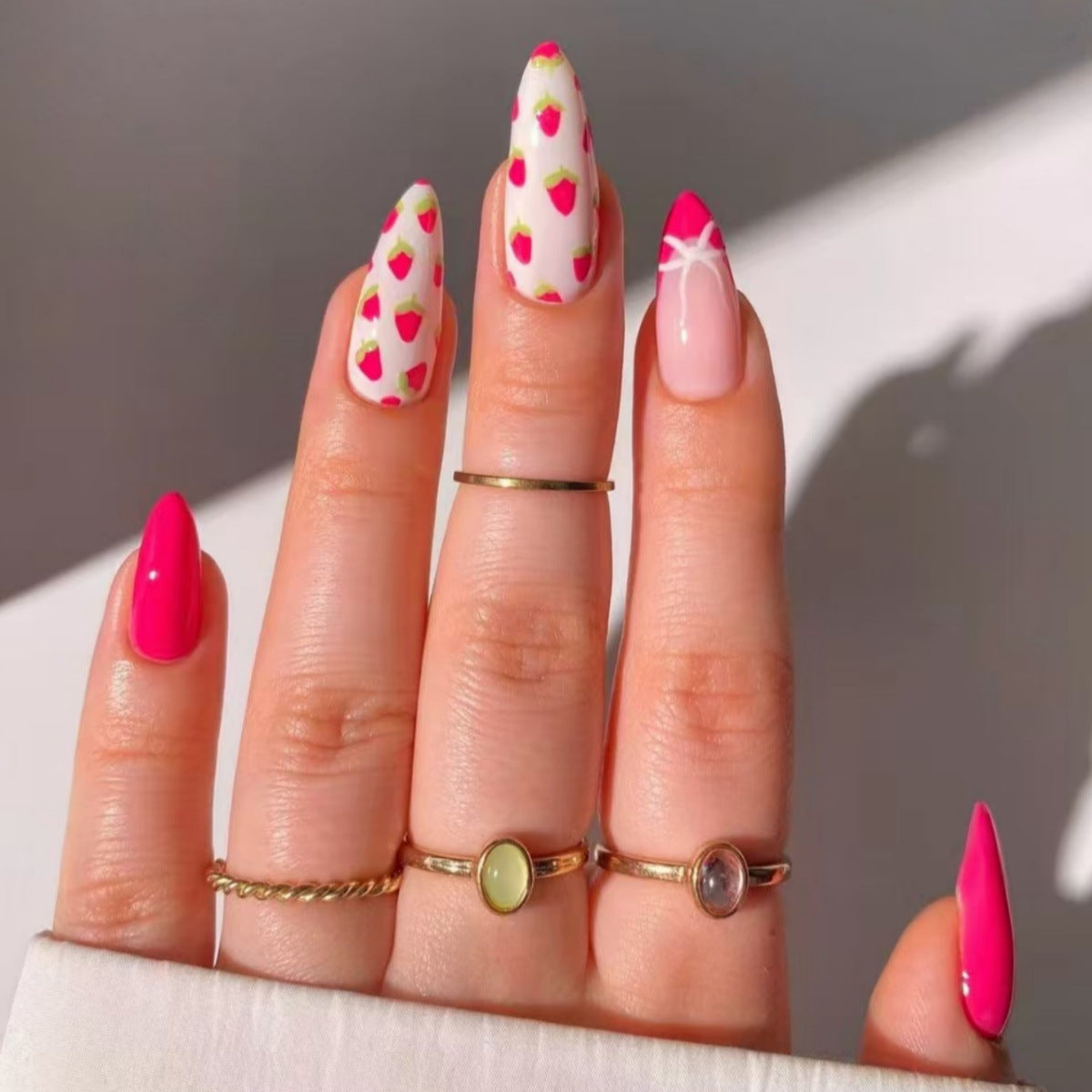 Sweet Strawberry Delight Elegant Long Almond Pink Nail Set with Fun Fruit Design