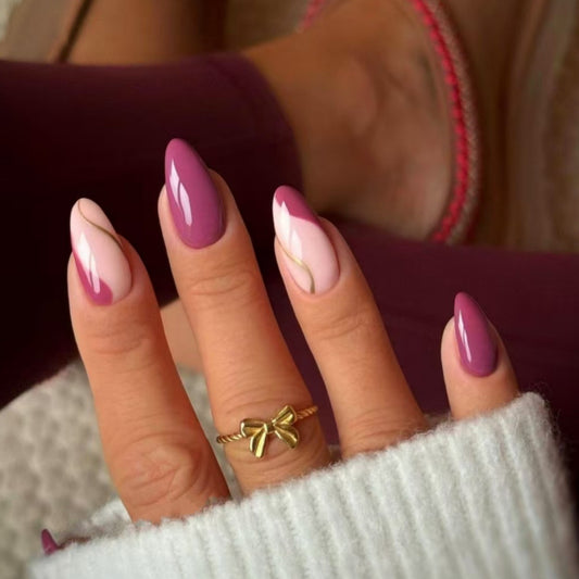 Blossom Elegance Medium Almond Shaped Purple and Pink Glossy Nail Set with Chic Gold Accent