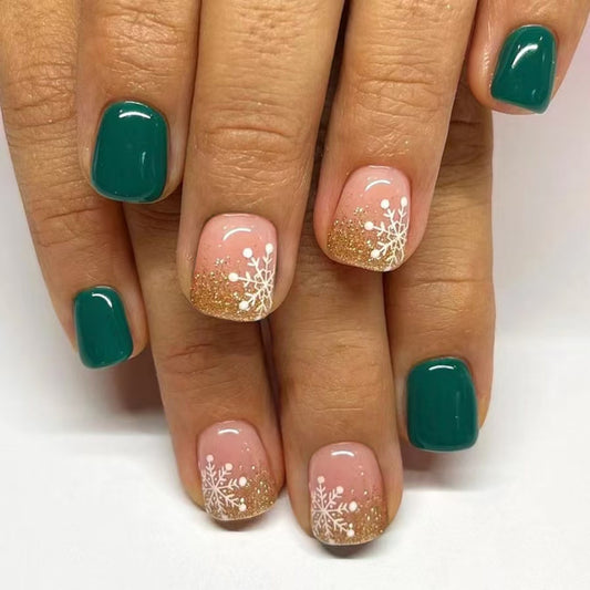 Winter Wonderland Short Square Green with Gold Glitter and Snowflake Design Press-On Nail Set