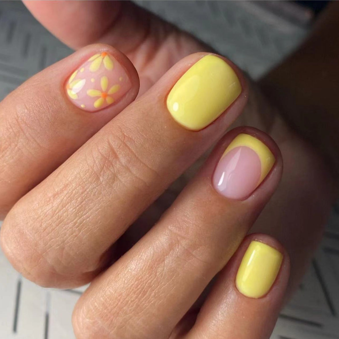 Sunny Delight Short Square Press On Nail Set in Bright Yellow with Floral Accents