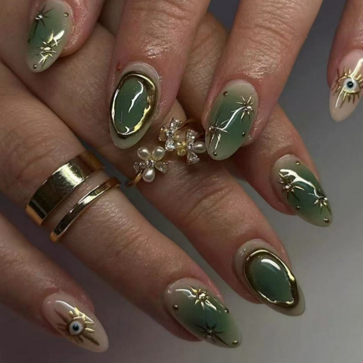 Celestial Dreams Medium Almond Green Ombre Press On Nail Set with Gold Accent Stars