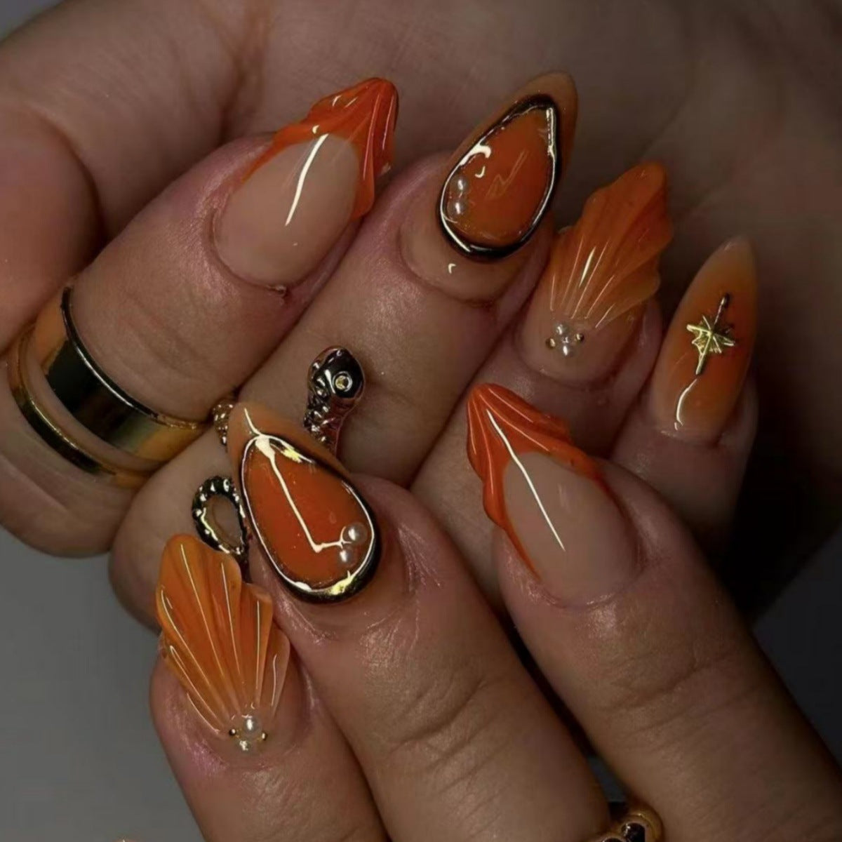 Sunkissed Elegance Short Almond Orange and Beige Press-On Nail Set with Stunning Metallic Accents