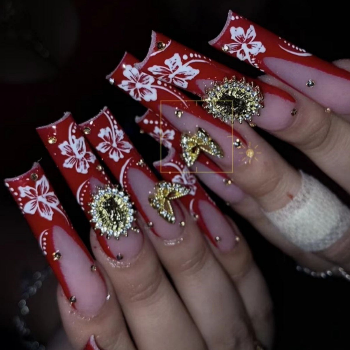 Tropical Paradise Long Square Bright Red Press On Nail Set with Floral Design and Glittering Accents