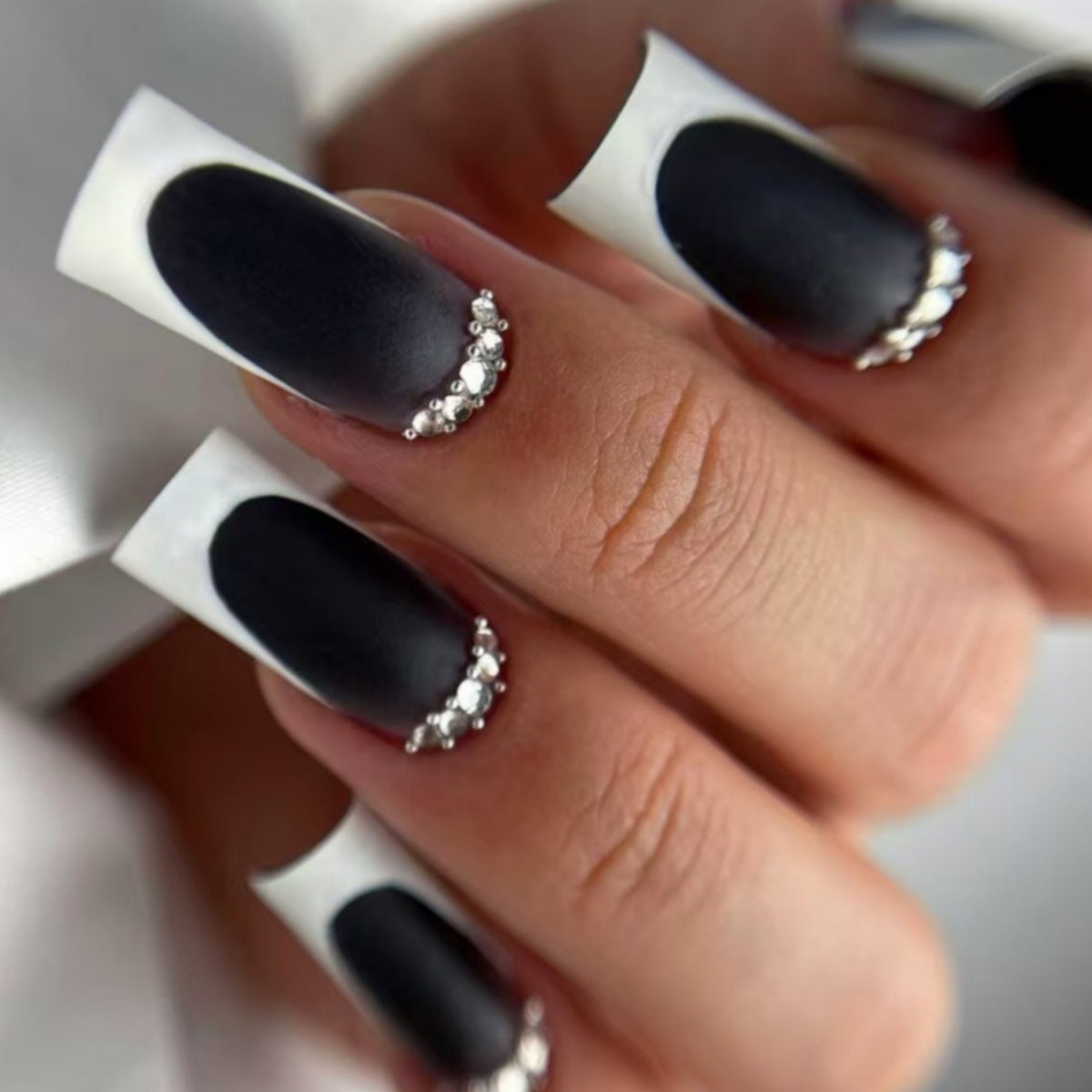 Glamorous Night Sky Long Square Black Matte Press On Nail Set with Rhinestone Accents