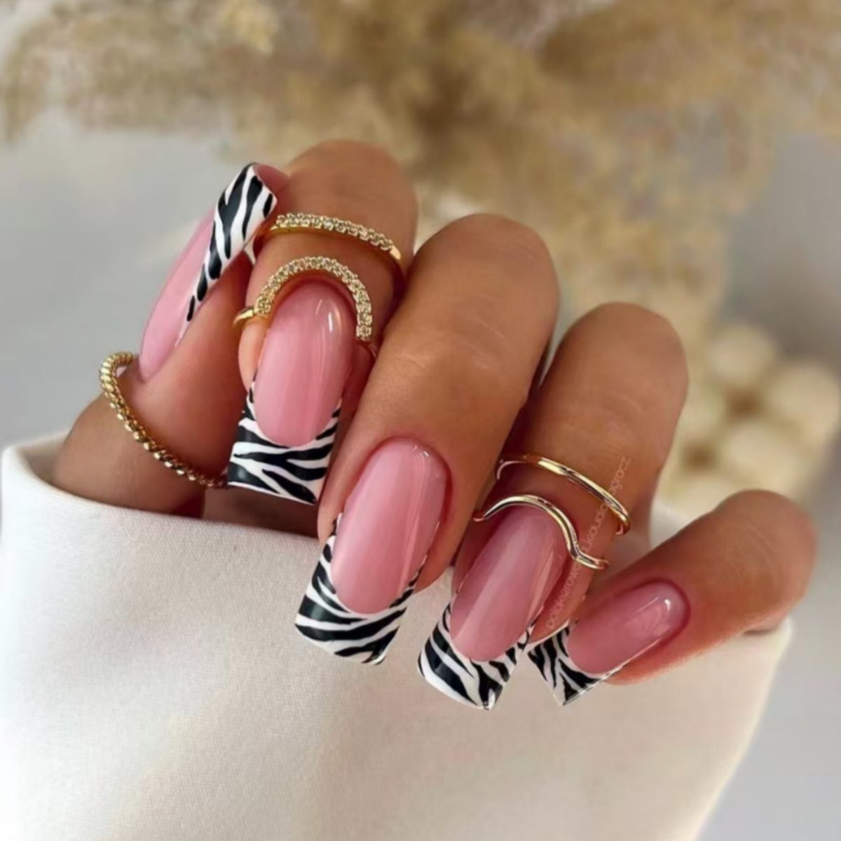 Wild Safari Glamour Long Square Pink with Zebra Print Tips Press-On Na ...