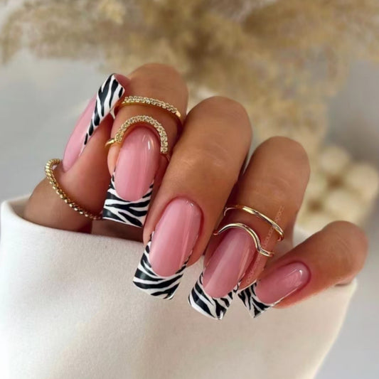 Wild Safari Glamour Long Square Pink with Zebra Print Tips Press-On Nail Set Featuring Eye-Catching Glossy Finish