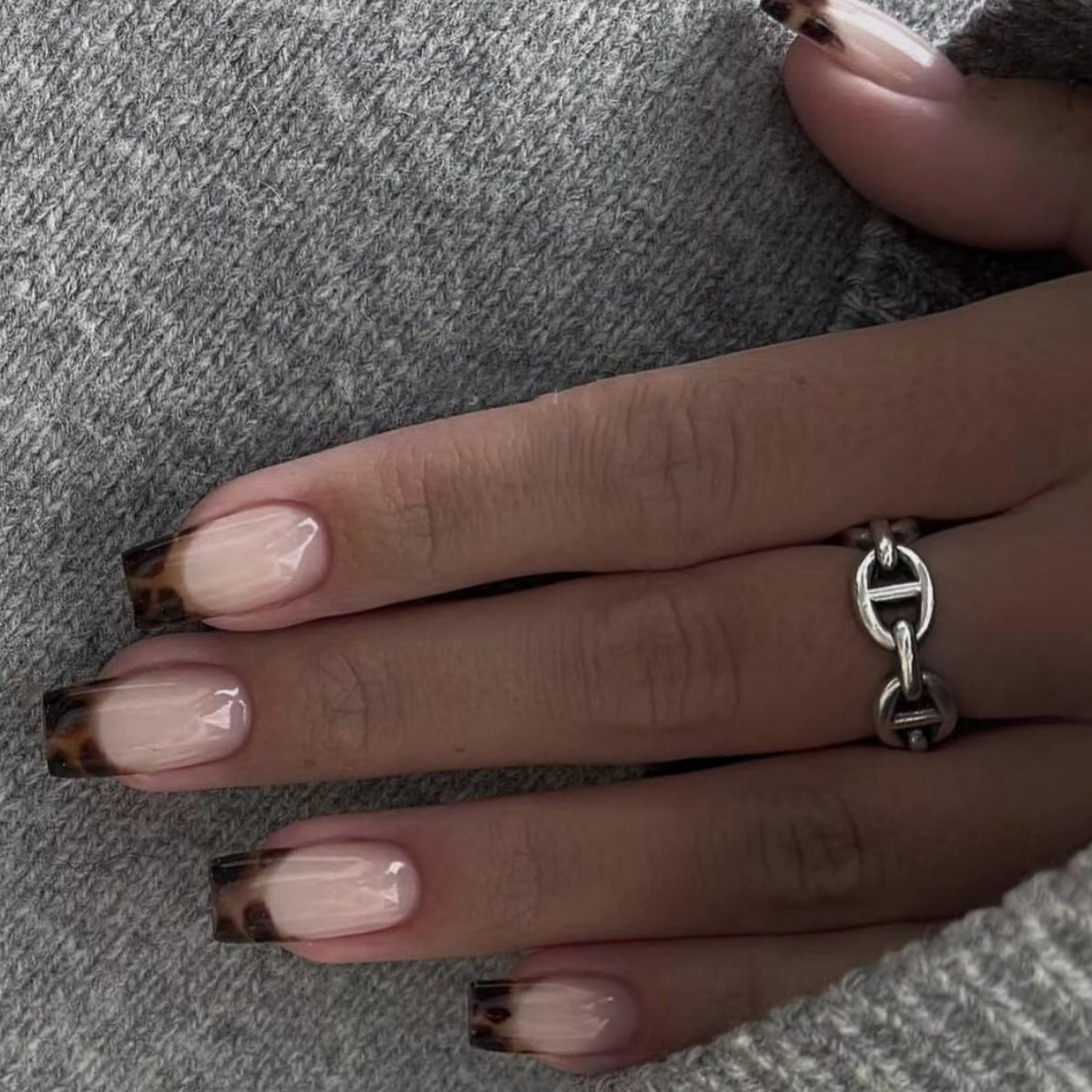 Chic Safari Inspired Medium Square Beige with Bold Leopard Tips Press On Nail Set