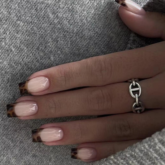 Chic Safari Inspired Medium Square Beige with Bold Leopard Tips Press On Nail Set