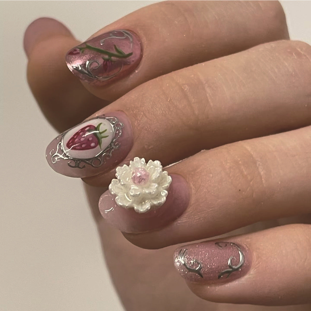 Garden Delight Short Oval Pink Elegant Floral Accessory Press On Nail Set