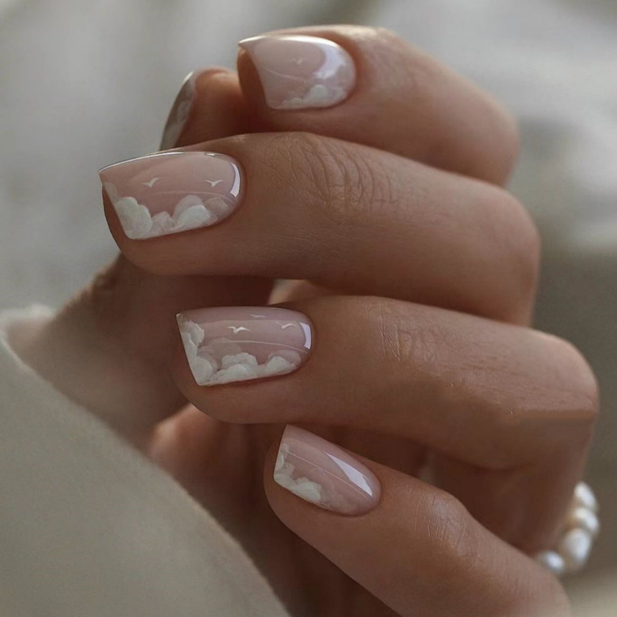 Dreamy Cloudscape Short Square Press-On Nails in Soft Pink with Elegant Cloud Design