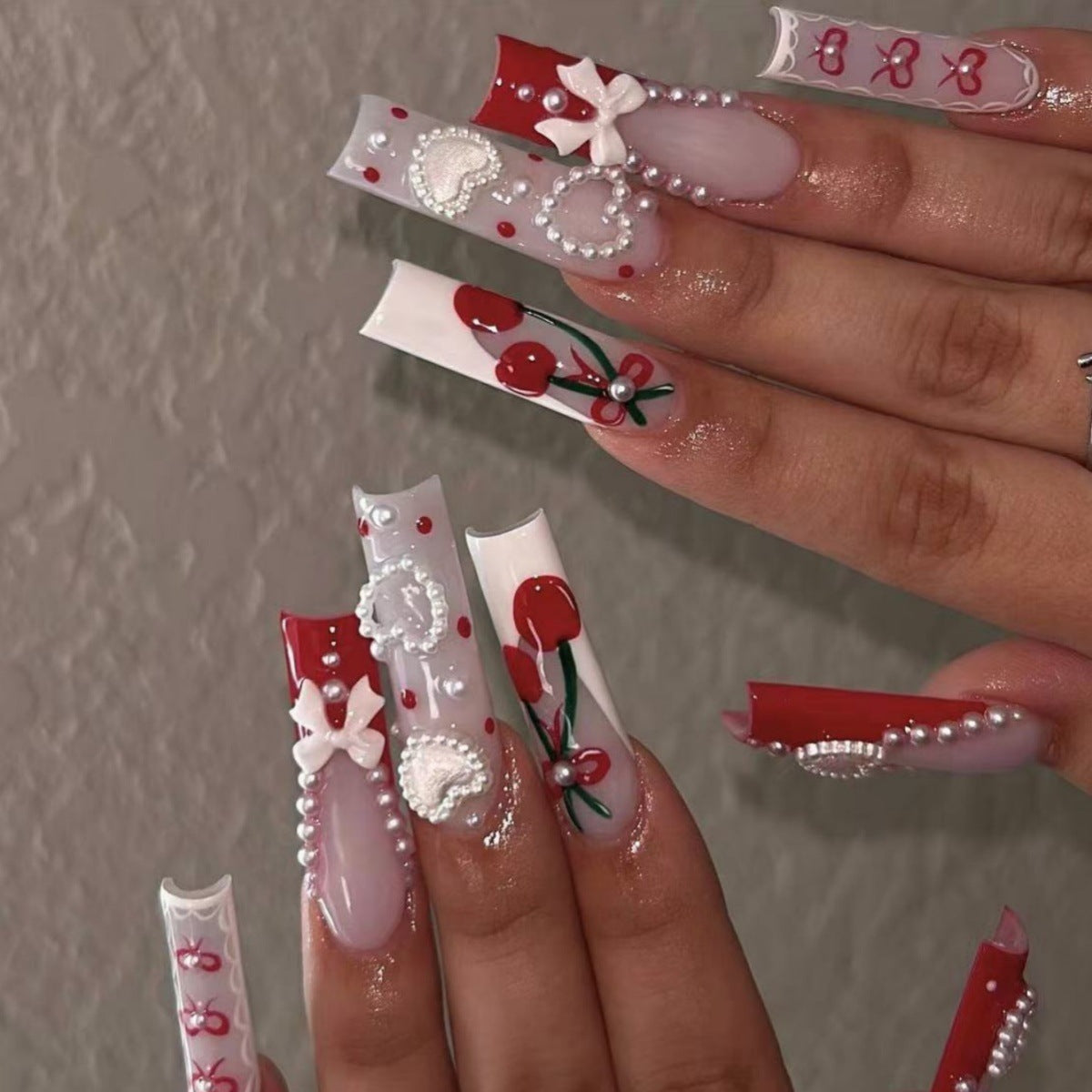 Charming Romance Long Square Red and White Press on Nail Set with Floral and Pearl Accents