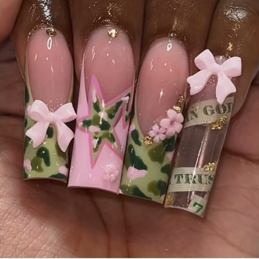 Chic Camo Elegance Long Square Pink and Green Press On Nail Set with Decorative Bows and Star Accents