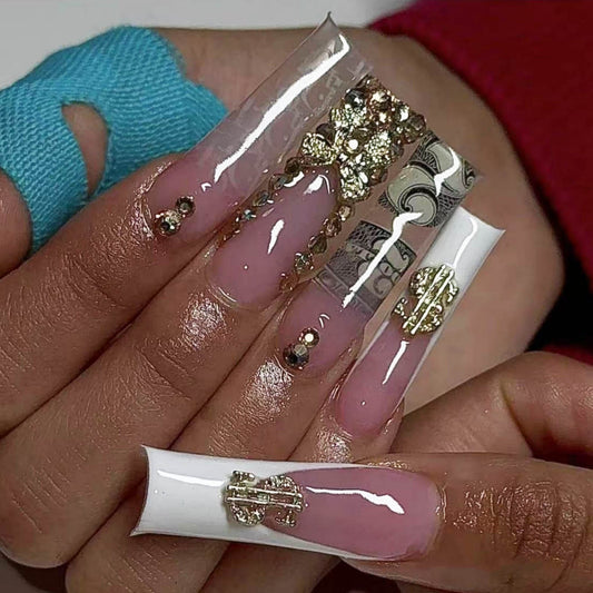 Glamorous Elegance Long Square Pink and White Press-On Nail Set with Gold Deco Accents