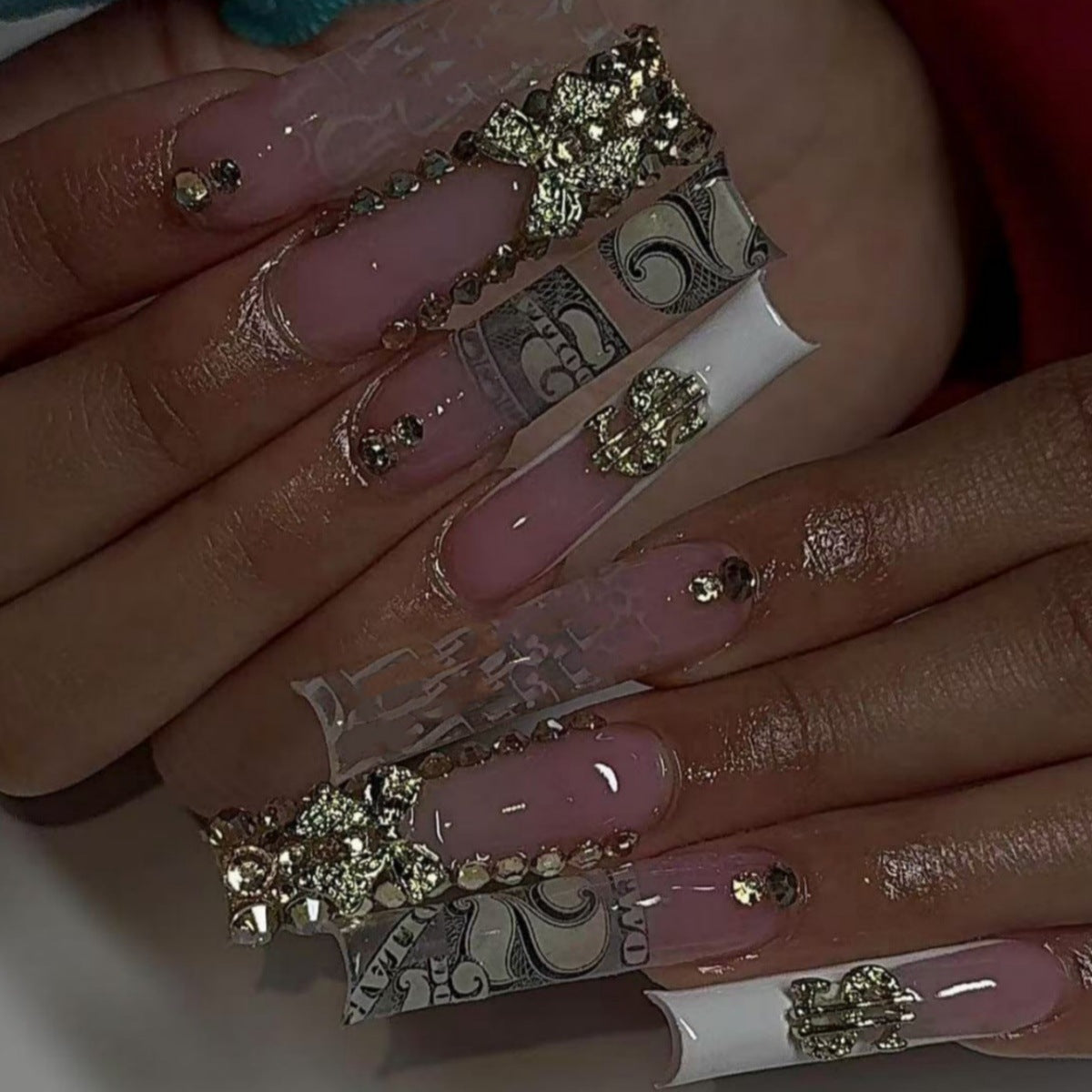 Glamorous Money Theme Long Square Clear and Pink with Gold Accents and Rich Textured Detail Press on Nail Set