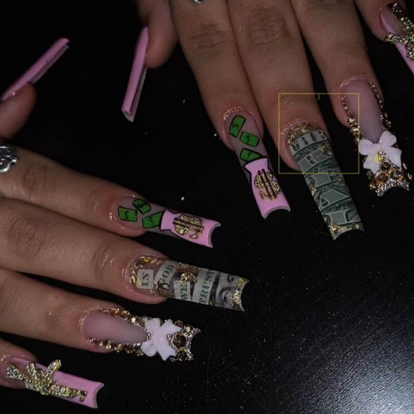 Glamorous Fortune Inspired Long Square Pink Nails with Dollar Bill and Gold Accents