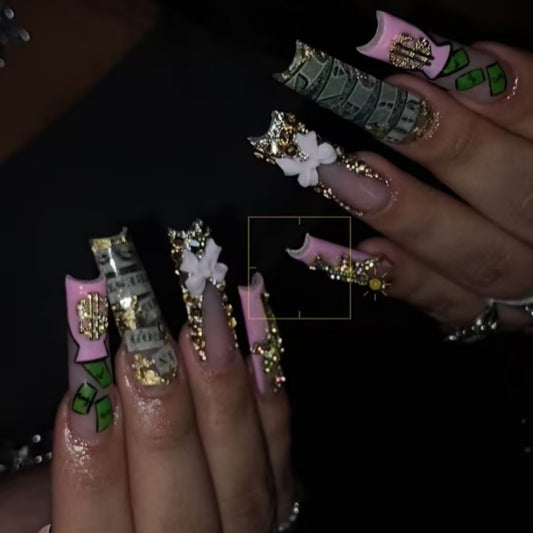 Glamorous Treasure Hunt Long Square Pink Green and Gold Nail Set with Unique Dollar Bill and Floral Design