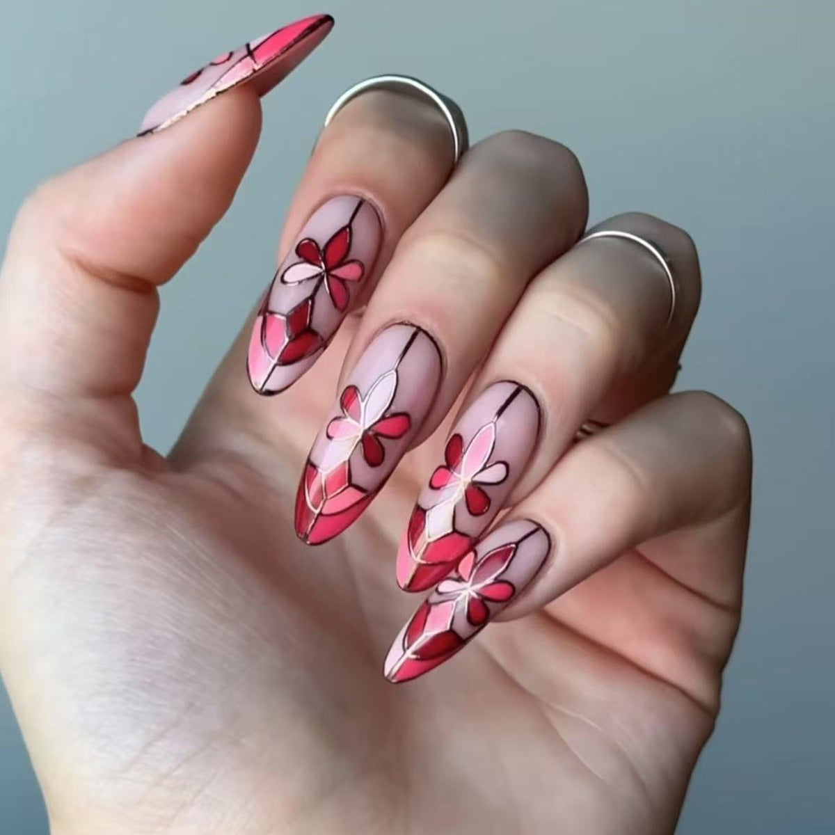 Blossoming Elegance Long Almond Pink and Red Floral Design Press On Nail Set