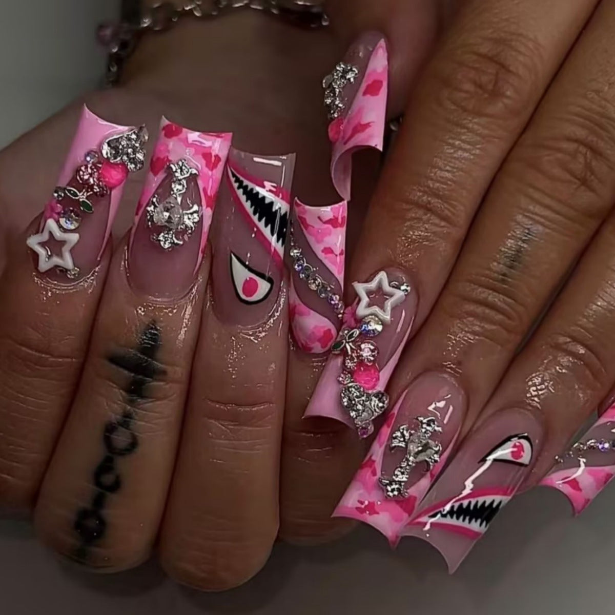 Charming Ocean Wave Long Square Pink Nail Set with Glitter and Unique Shark Design