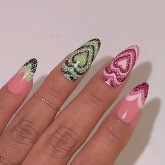 Enchanted Romance Medium Almond Green and Pink Heart Glitter Press On Nail Set