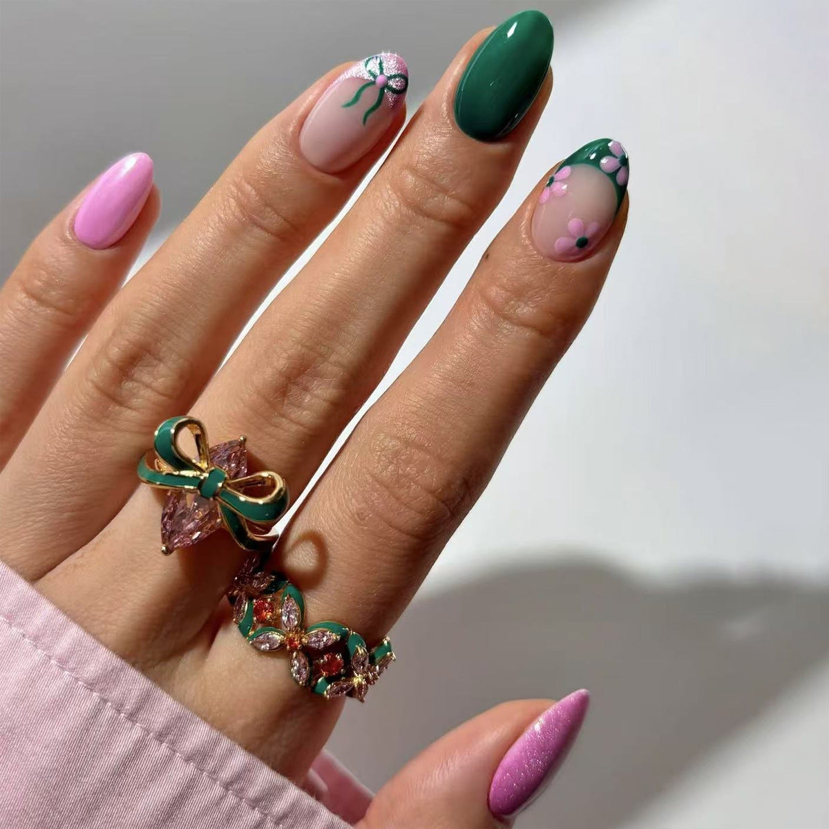 Whimsical Garden Glamour short Almond Green Pink and Neutral Press On Nail Set with Floral Designs