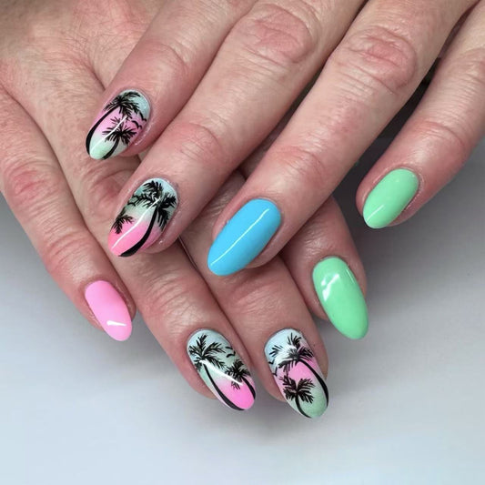 Tropical Sunset Short Oval Pastel Colors with Palm Tree Design Press On Nail Set