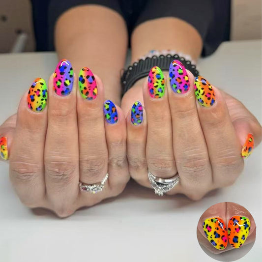 Vibrant Jungle Cat Inspired Short Almond Shape Colorful Neon Animal Print Press on Nail Set