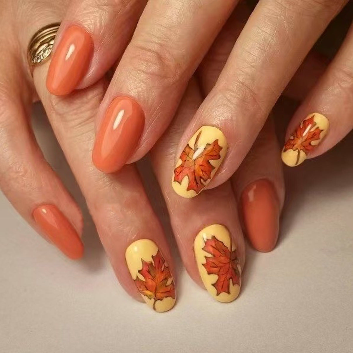 Autumn Elegance Medium Oval Shape Terracotta with Vibrant Leaf Art Press On Nail Set