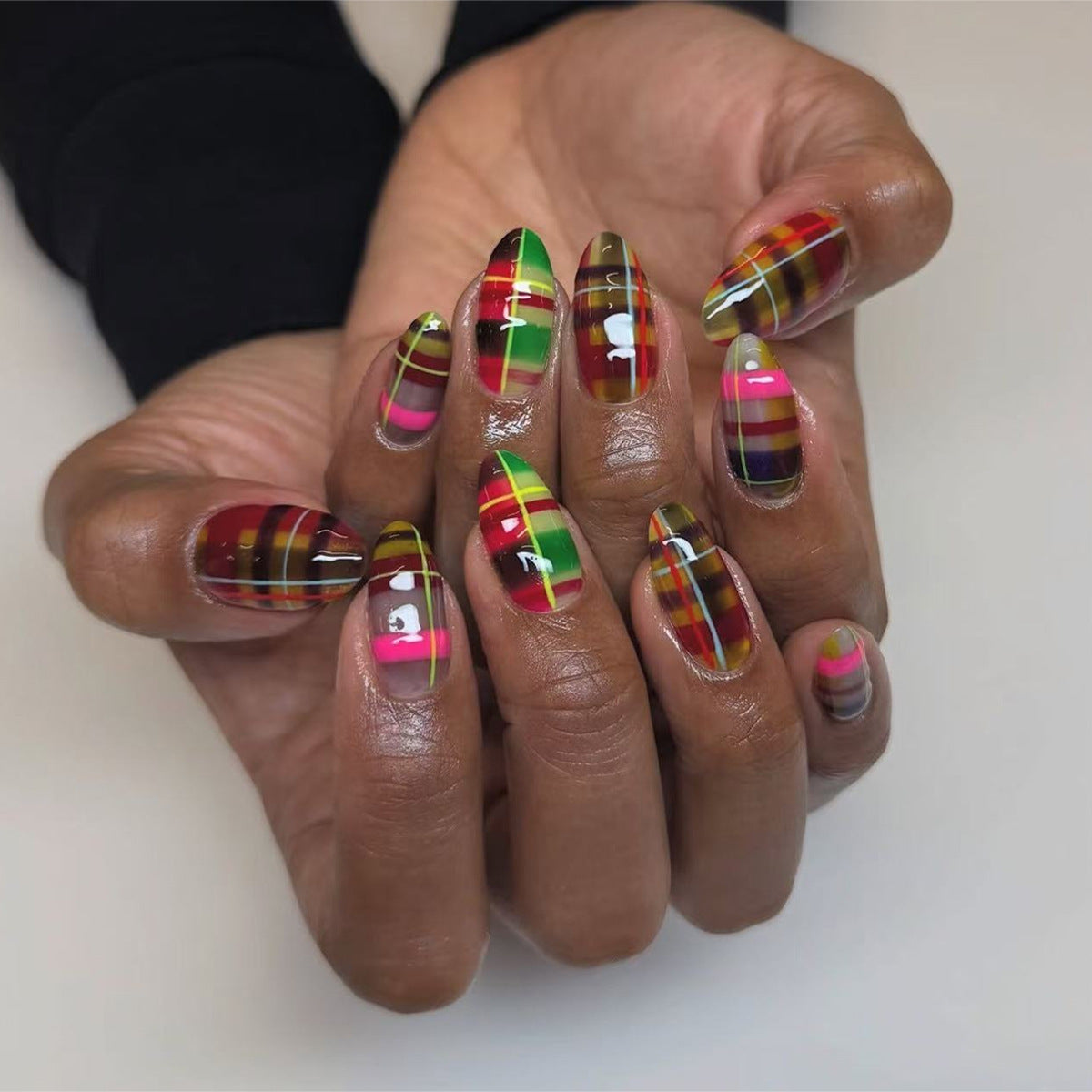 Vibrant Stripes Short Almond Shape Glossy Multicolored Patterned Press On Nail Set