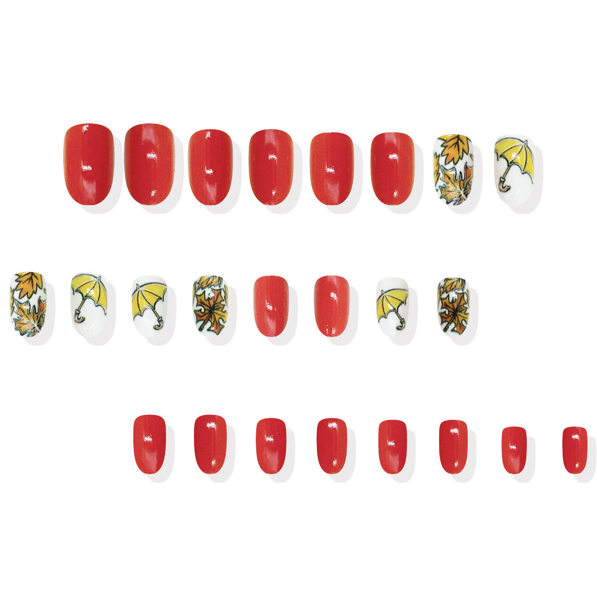 Autumn Elegance Medium Oval Red Nail Set with Charming Umbrella and Leaf Designs