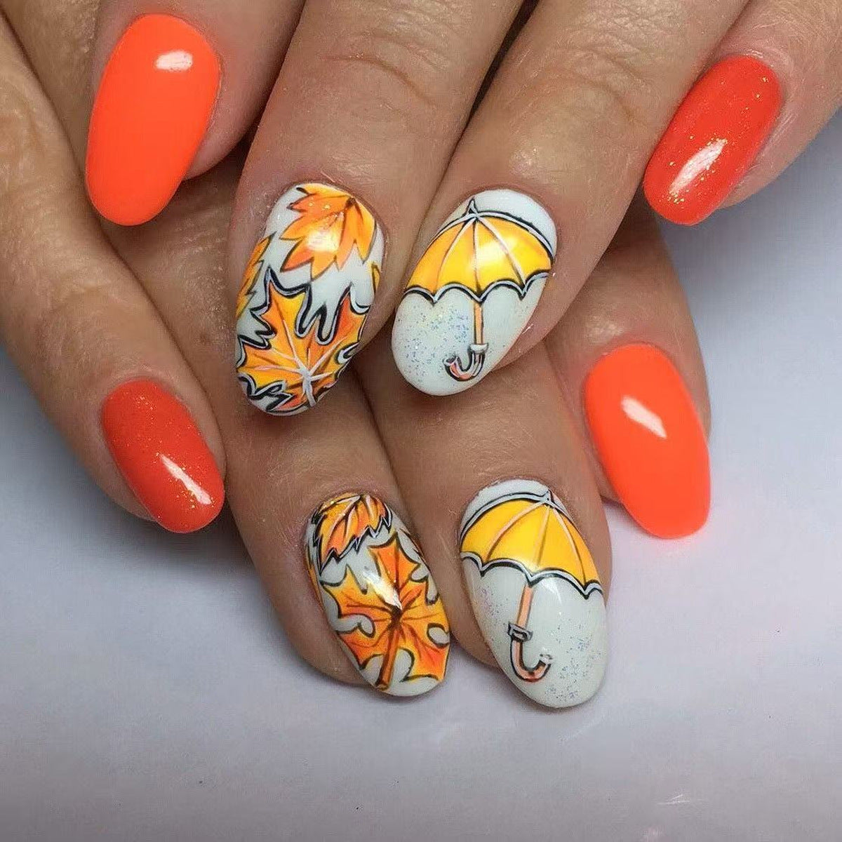 Autumn Whimsy Medium Oval Bright Orange with Whimsical Autumn Leaves and Umbrellas Nail Set