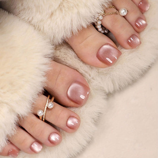 Cozy Elegance Short Square Blush Pink Shimmering Finish Press On Toenail Set