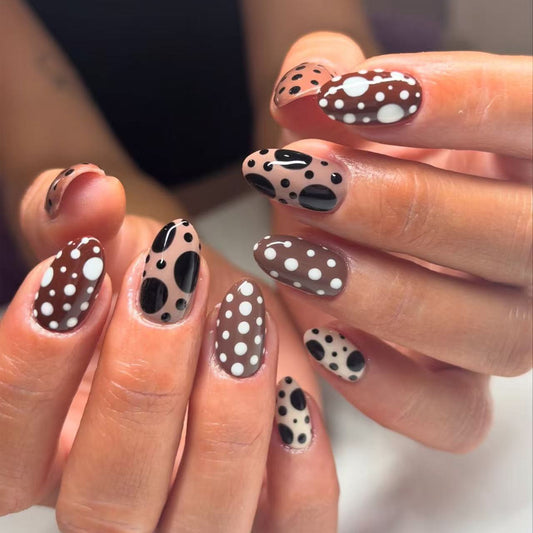 Chic Dots Medium Oval Brown and White with Playful Polka Dots Design Press On Nail Set