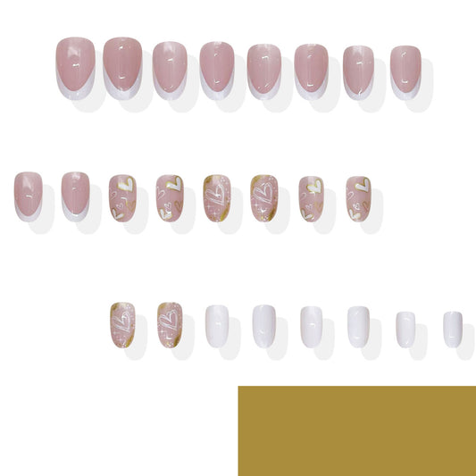 Love Story Inspired Elegant Medium Oval Blush Pink and White Press-On Nail Set with Heart Design Feature