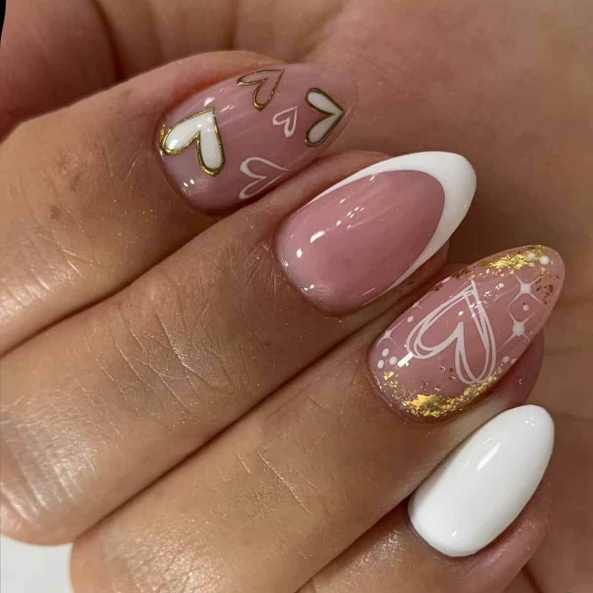 Whimsical Romance Medium Almond Blush Pink and White Heart Design with Gold Accents Press on Nail Set