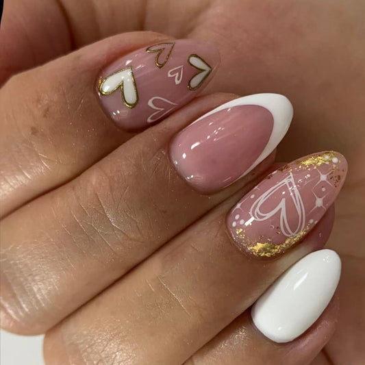 Whimsical Romance Medium Almond Blush Pink and White Heart Design with Gold Accents Press on Nail Set