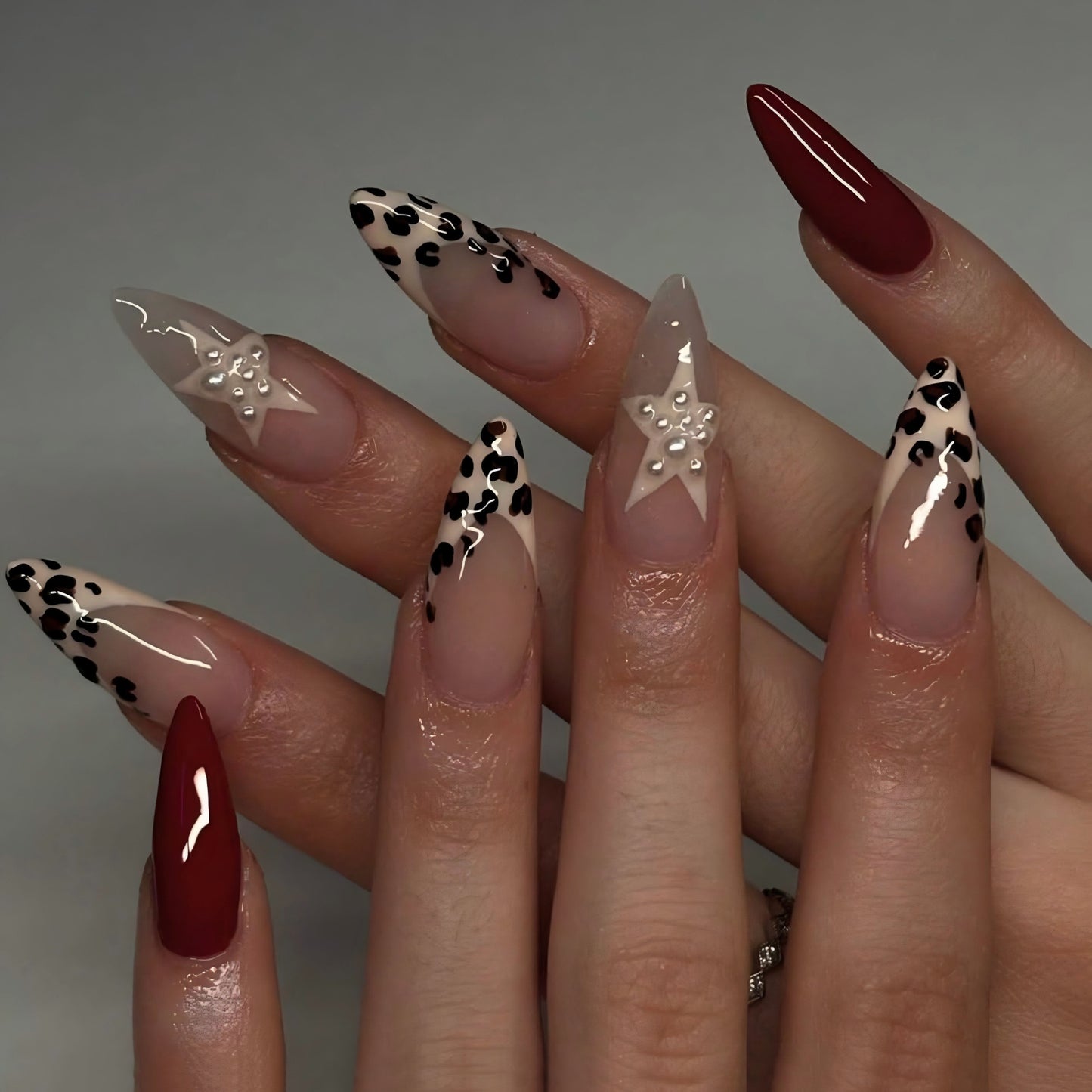 Chic Safari Long Almond Red and Beige With Leopard Print and Star Charm Press On Nail Set