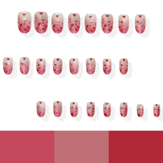 Charming Romance Medium Oval Red Ombre Glitter Press On Nail Set with Heart Accents